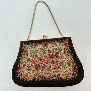 Vintage Micro Petit Point Floral Kiss Lock Hand Bag